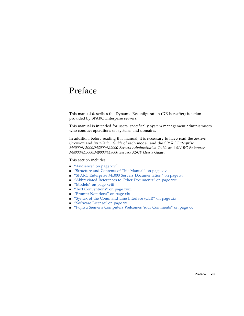 Preface, Xiii | Fujitsu Siemens Computers SPARC Enterprise M8000 User Manual | Page 15 / 162