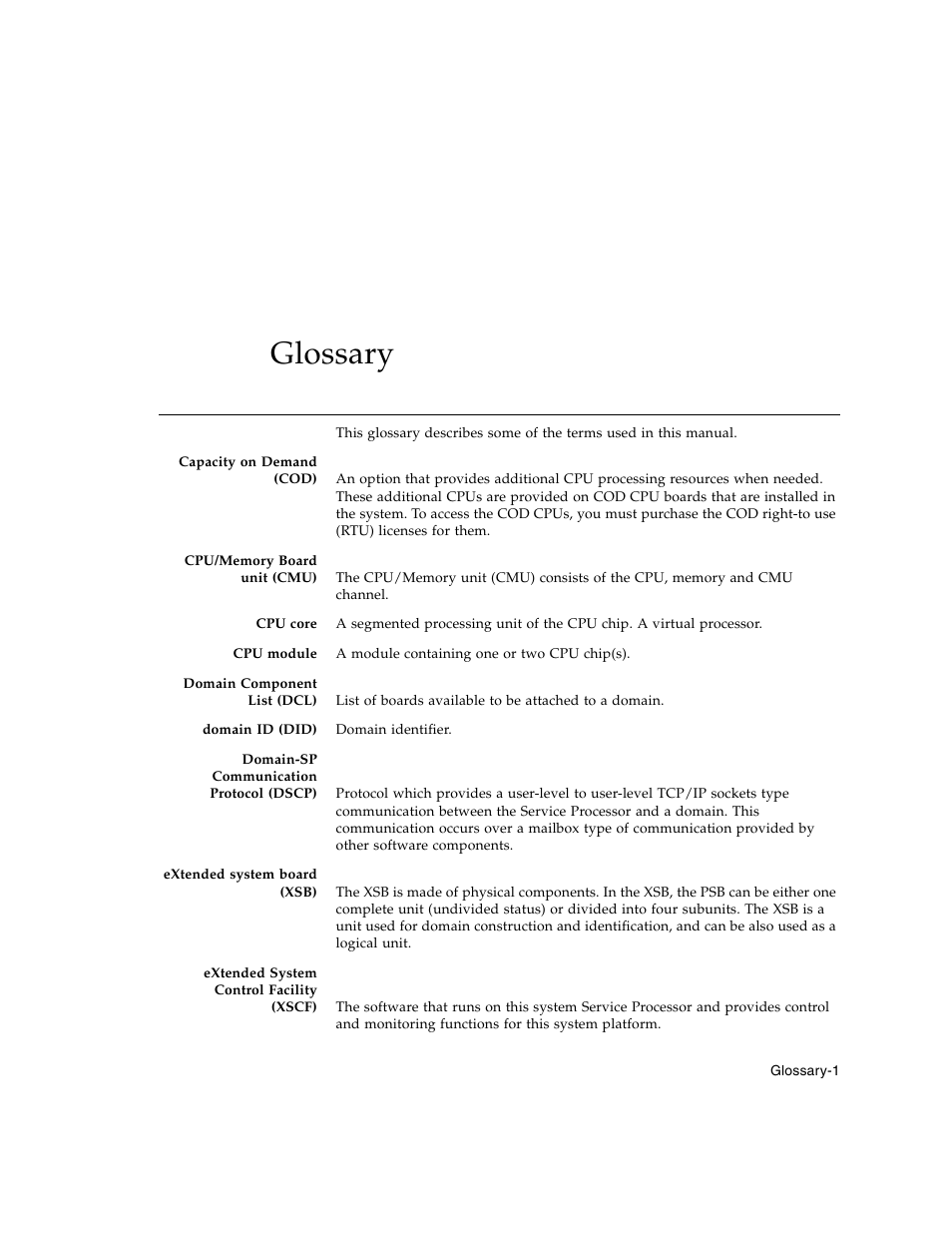 Glossary, Glossary–1 | Fujitsu Siemens Computers SPARC Enterprise M8000 User Manual | Page 155 / 162