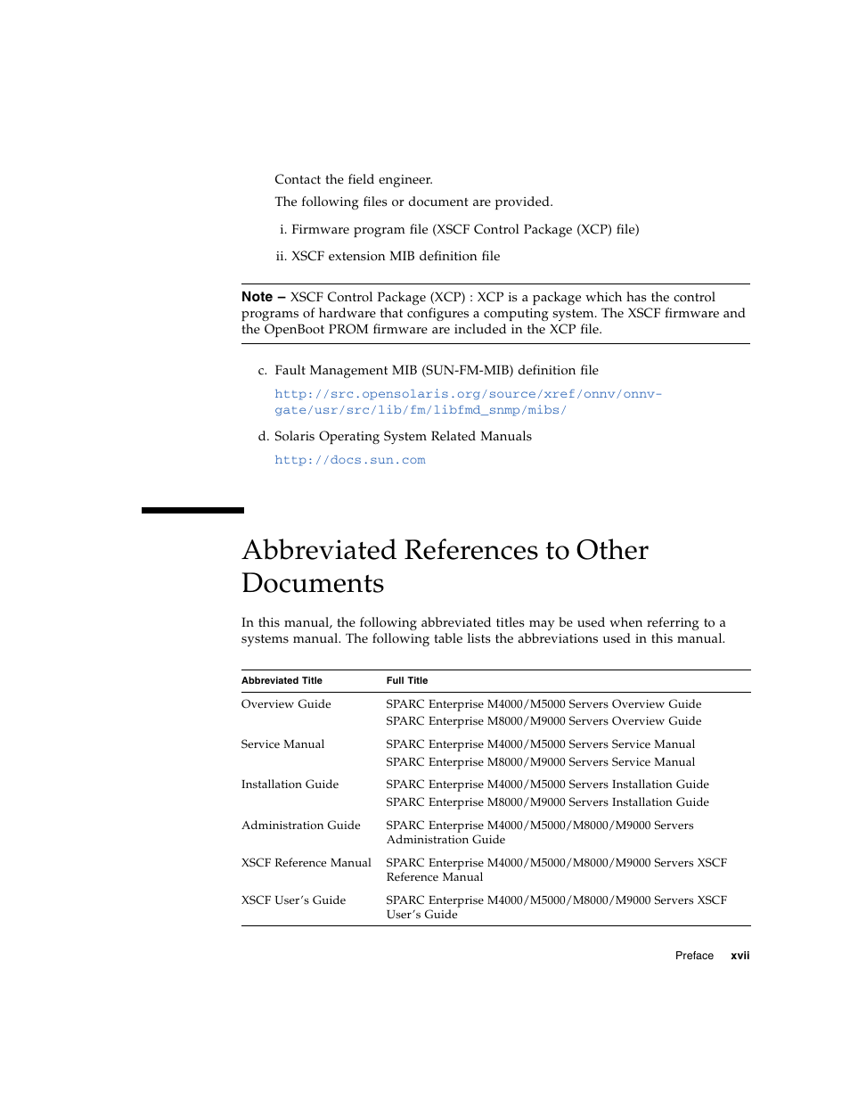 Abbreviated references to other documents | Fujitsu Siemens Computers SPARC Enterprise M8000 User Manual | Page 19 / 162
