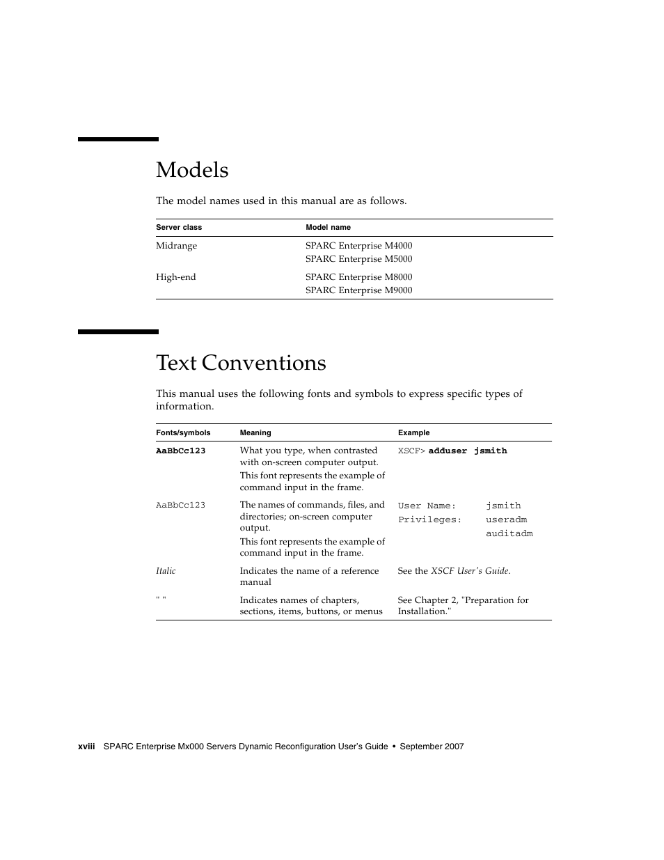 Models, Text conventions | Fujitsu Siemens Computers SPARC Enterprise M8000 User Manual | Page 20 / 162