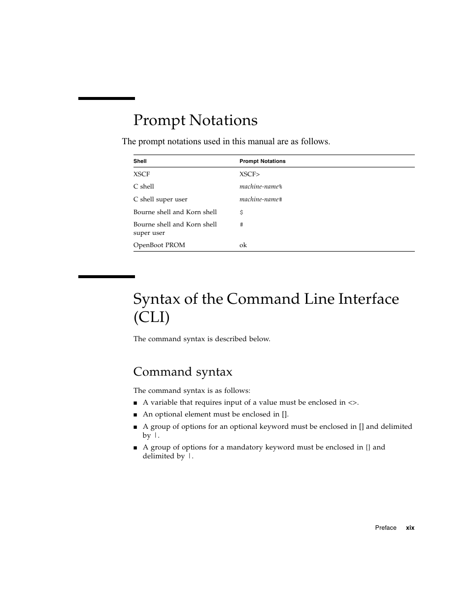 Prompt notations, Syntax of the command line interface (cli), Command syntax | Fujitsu Siemens Computers SPARC Enterprise M8000 User Manual | Page 21 / 162