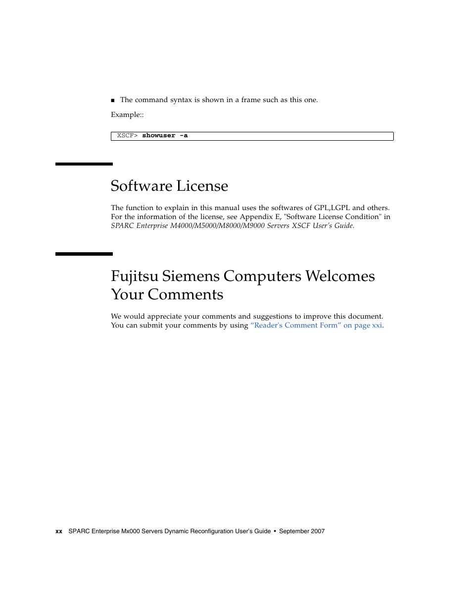 Software license, Fujitsu siemens computers welcomes your comments | Fujitsu Siemens Computers SPARC Enterprise M8000 User Manual | Page 22 / 162