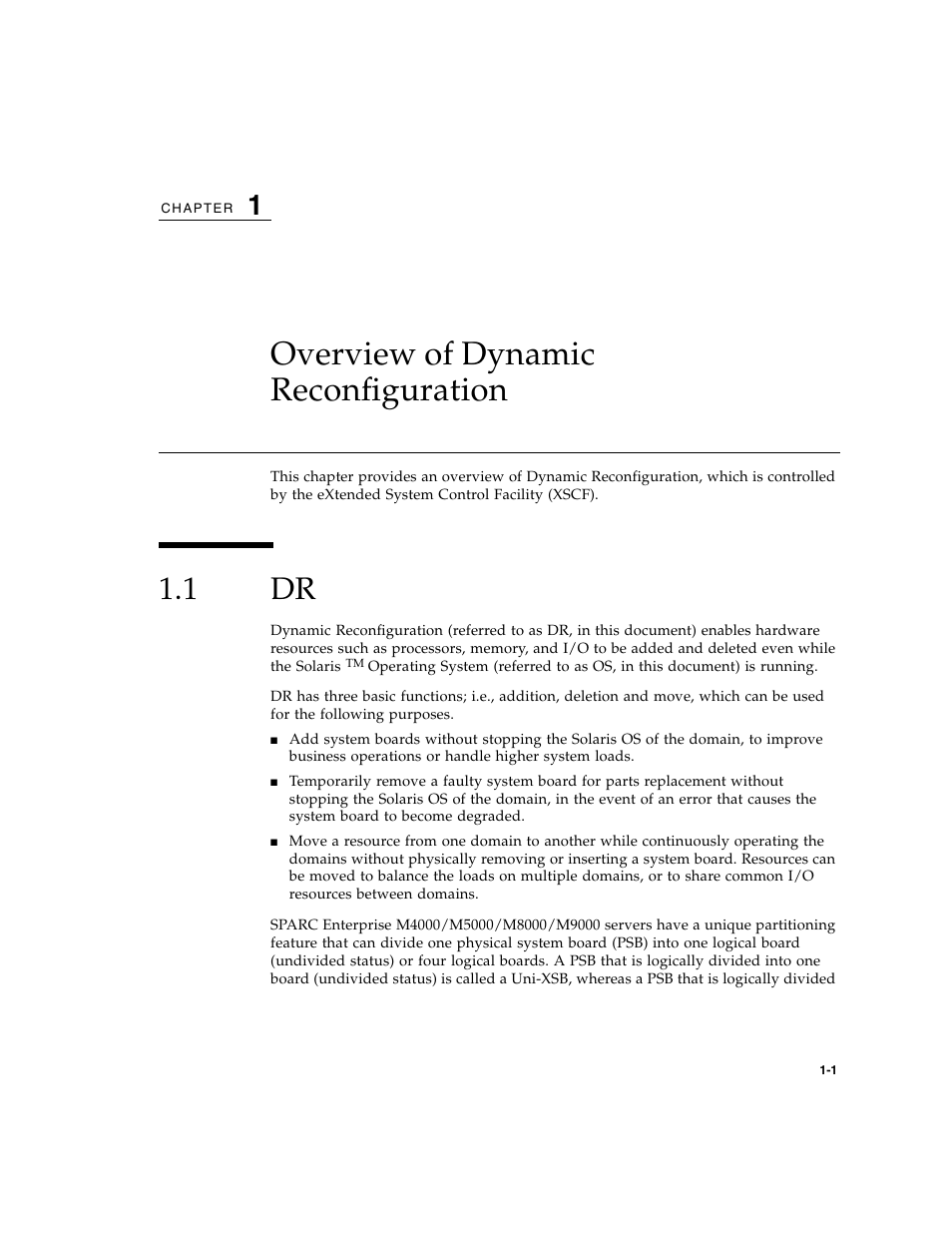 Overview of dynamic reconfiguration, 1 dr, Chapter 1 | Fujitsu Siemens Computers SPARC Enterprise M8000 User Manual | Page 25 / 162