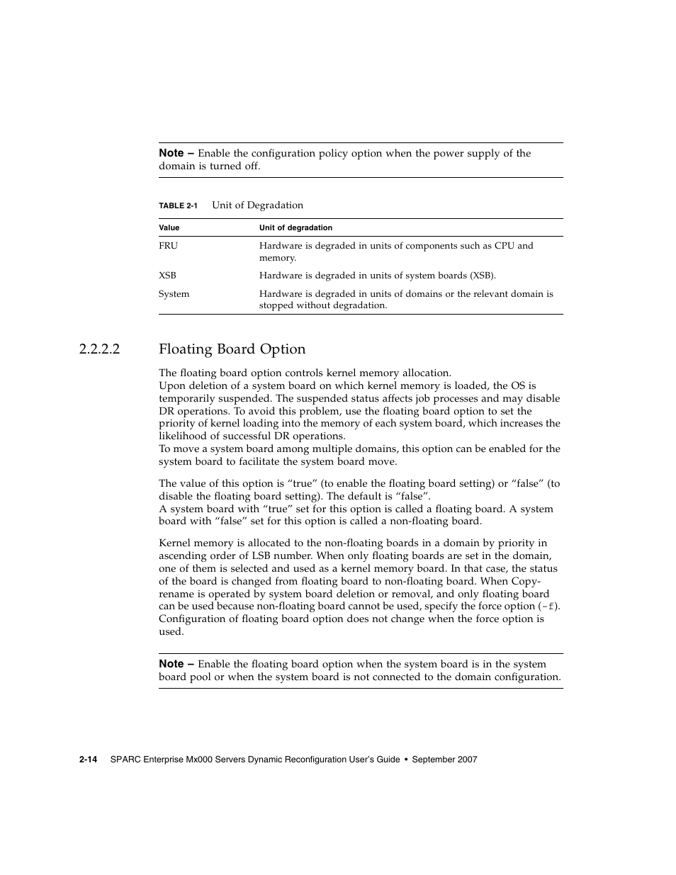 2 floating board option, Floating board option, Table 2-1 | Fujitsu Siemens Computers SPARC Enterprise M8000 User Manual | Page 46 / 162