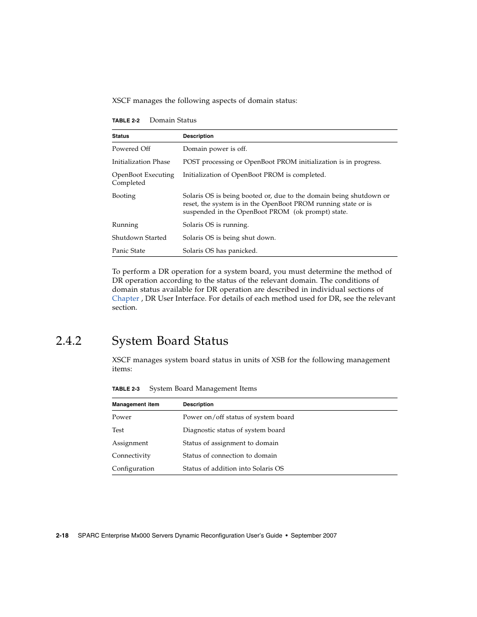 2 system board status, System board status, Table 2-2 | Table 2-3 | Fujitsu Siemens Computers SPARC Enterprise M8000 User Manual | Page 50 / 162
