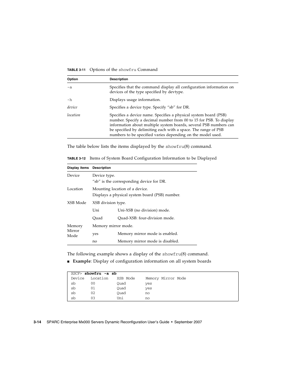 Table 3-11, Table 3-12 | Fujitsu Siemens Computers SPARC Enterprise M8000 User Manual | Page 76 / 162