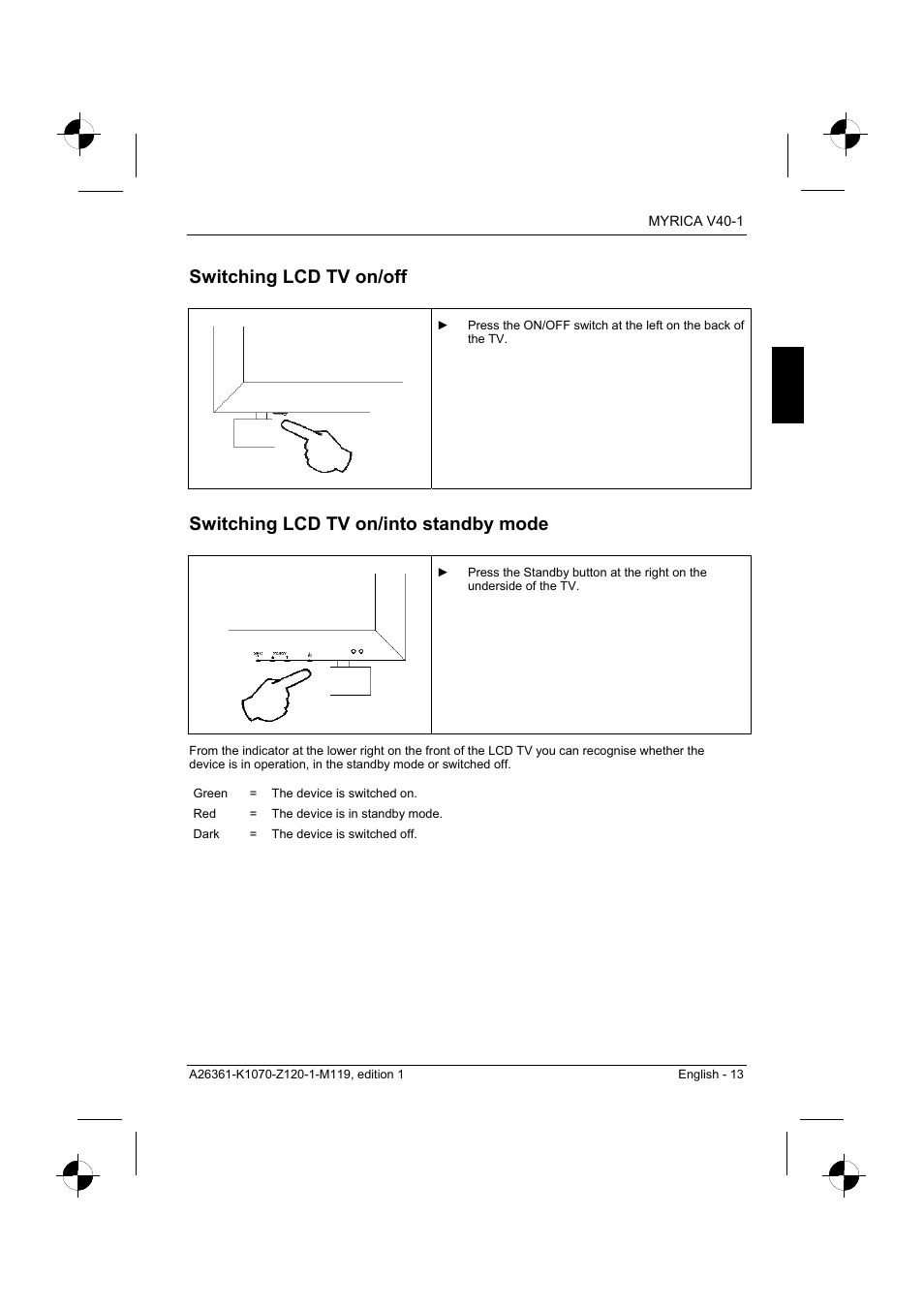 Switching lcd tv on/off, Switching lcd tv on/into standby mode | Fujitsu Siemens Computers V40-1 User Manual | Page 15 / 44