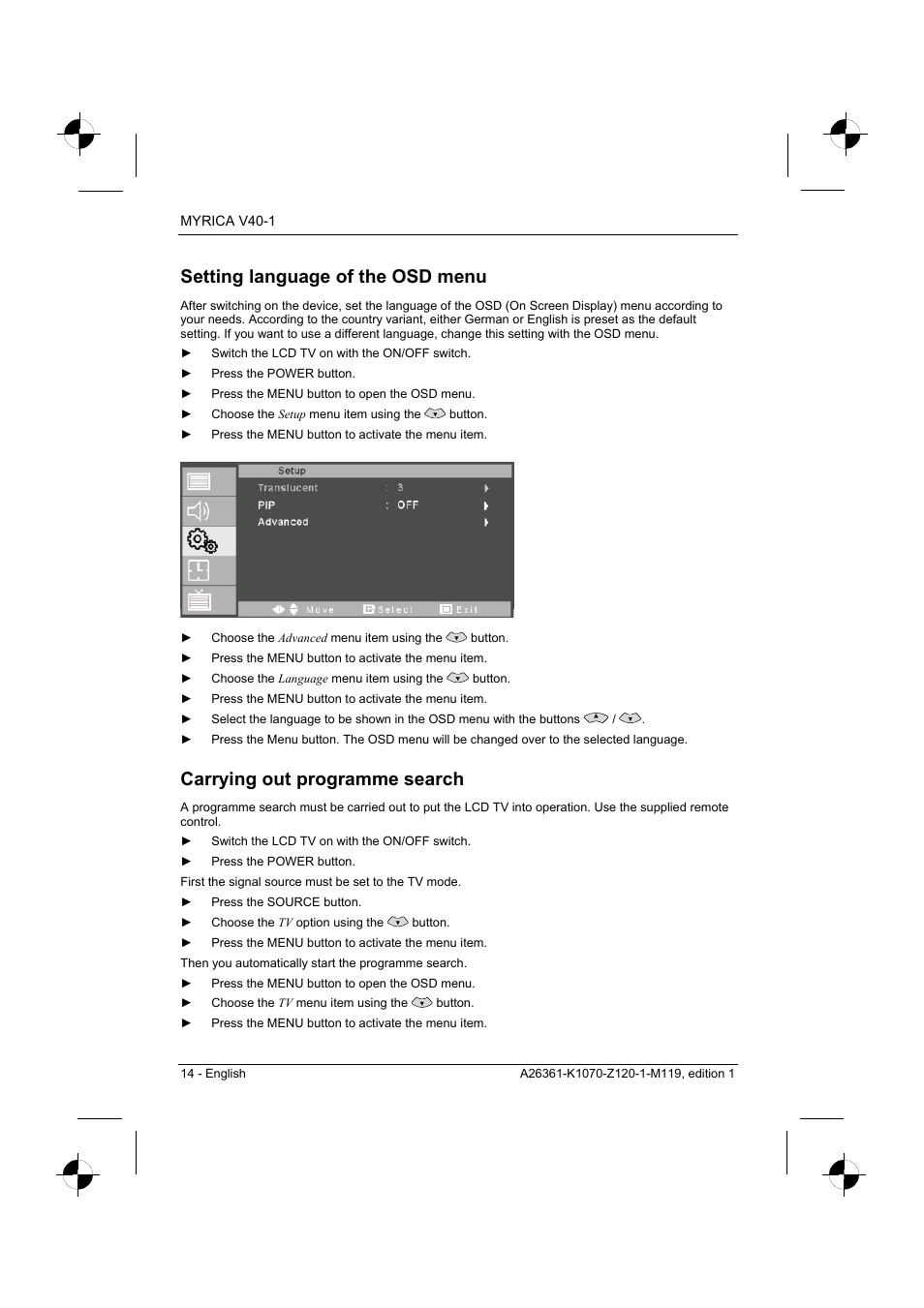 Setting language of the osd menu, Carrying out programme search | Fujitsu Siemens Computers V40-1 User Manual | Page 16 / 44