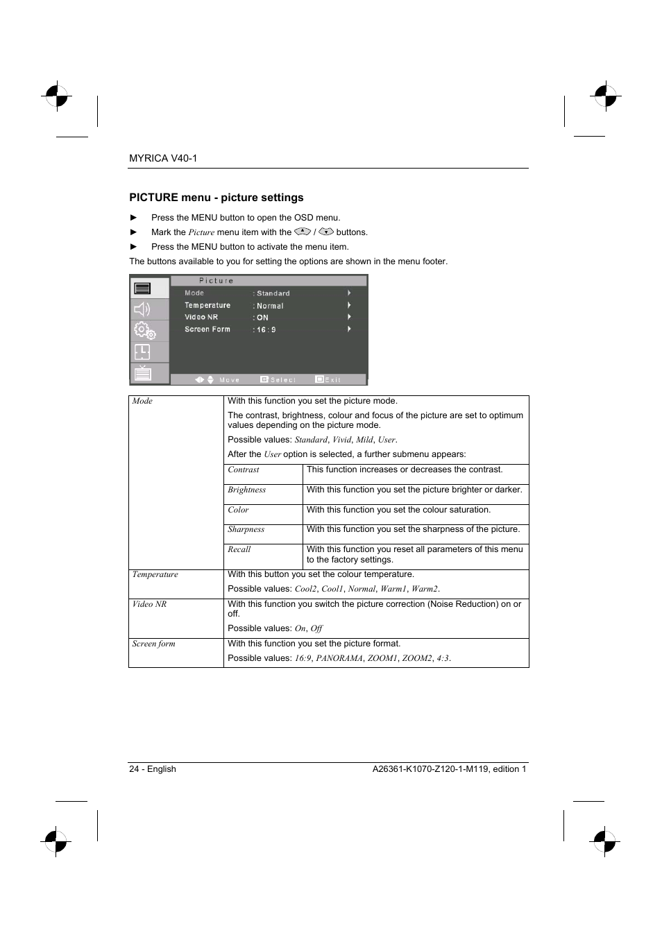 Picture menu - picture settings | Fujitsu Siemens Computers V40-1 User Manual | Page 26 / 44