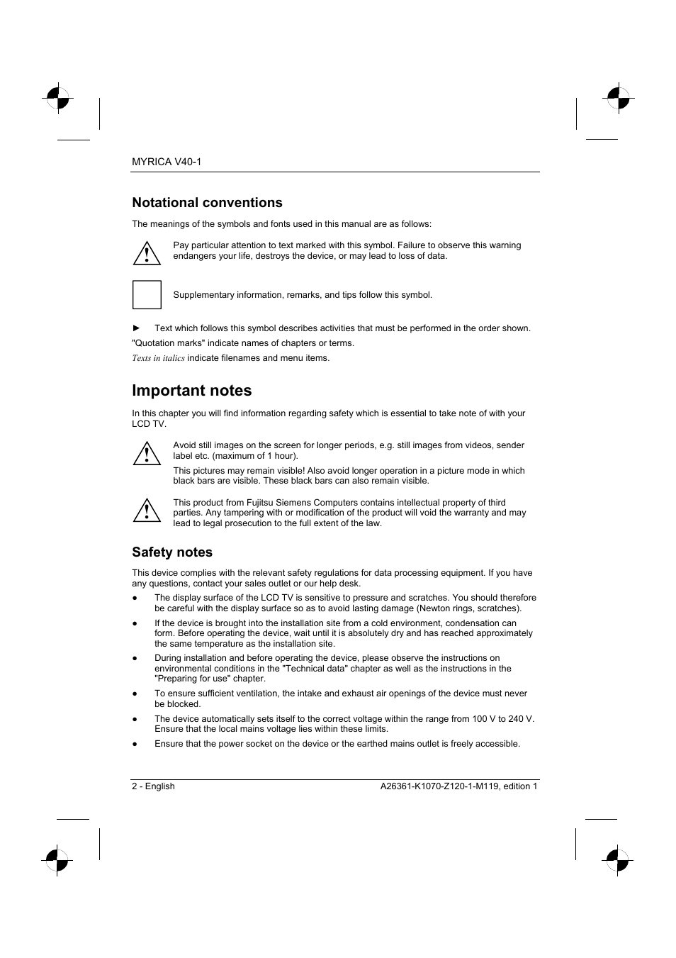 Notational conventions, Important notes, Safety notes | Fujitsu Siemens Computers V40-1 User Manual | Page 4 / 44