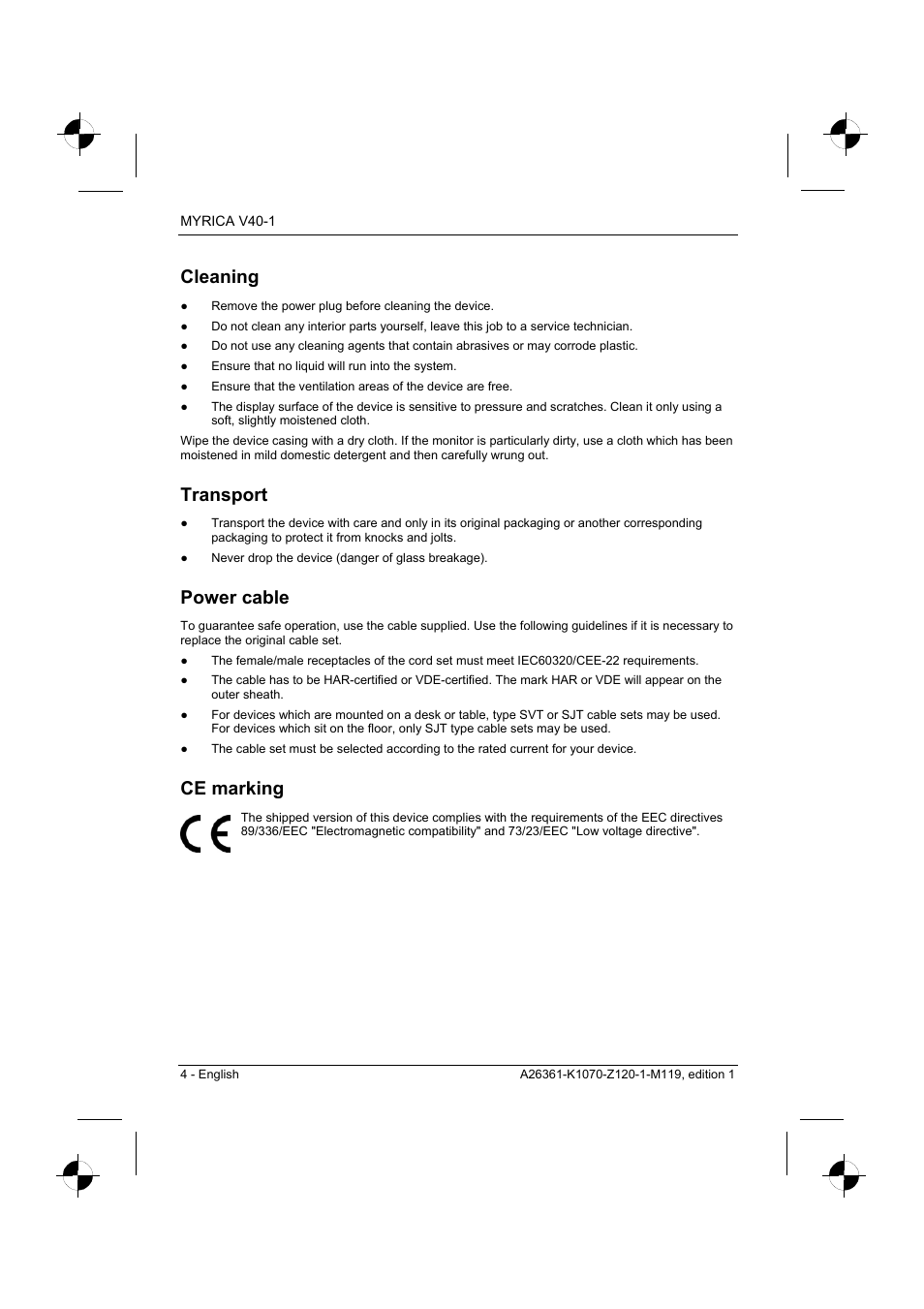 Cleaning, Transport, Power cable | Ce marking | Fujitsu Siemens Computers V40-1 User Manual | Page 6 / 44