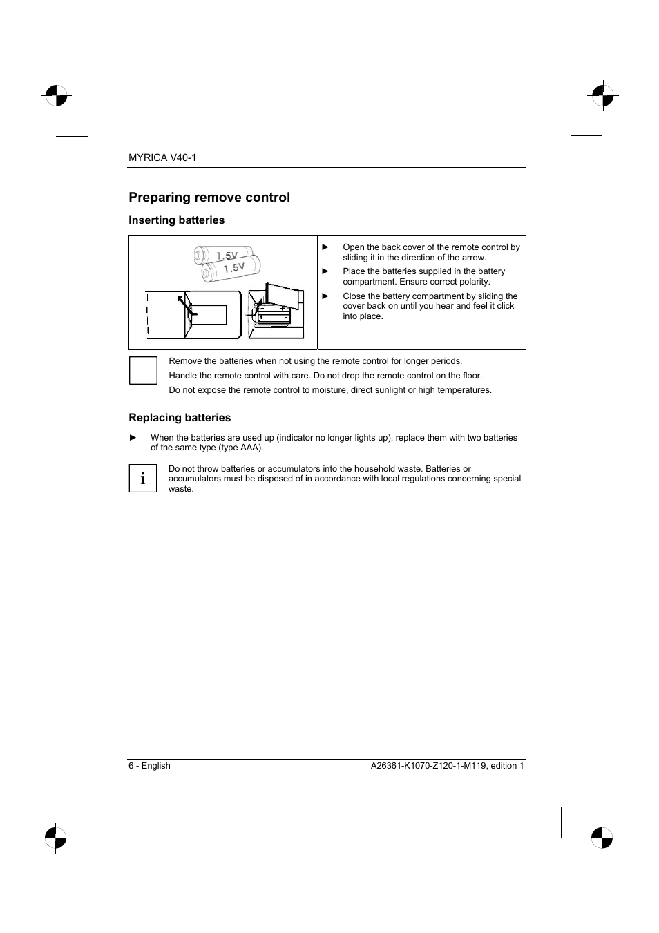 Preparing remove control, Inserting batteries, Replacing batteries | Fujitsu Siemens Computers V40-1 User Manual | Page 8 / 44