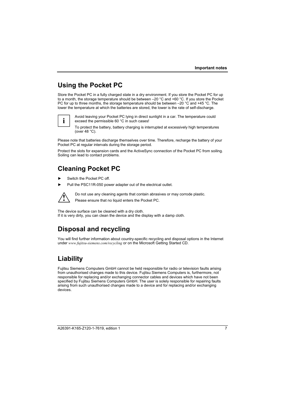Using the pocket pc, Cleaning pocket pc, Disposal and recycling | Liability | Fujitsu Siemens Computers LOOX N User Manual | Page 15 / 56