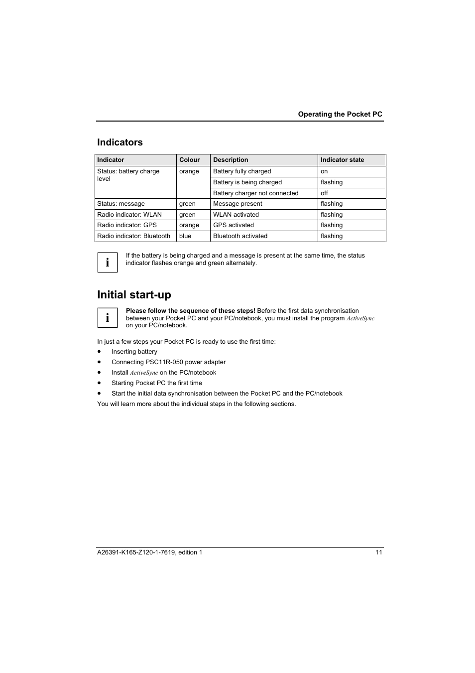 Indicators, Initial start-up | Fujitsu Siemens Computers LOOX N User Manual | Page 19 / 56