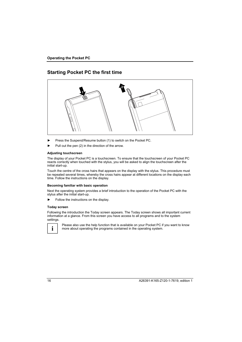 Starting pocket pc the first time, Adjusting touchscreen, Becoming familiar with basic operation | Today screen | Fujitsu Siemens Computers LOOX N User Manual | Page 24 / 56