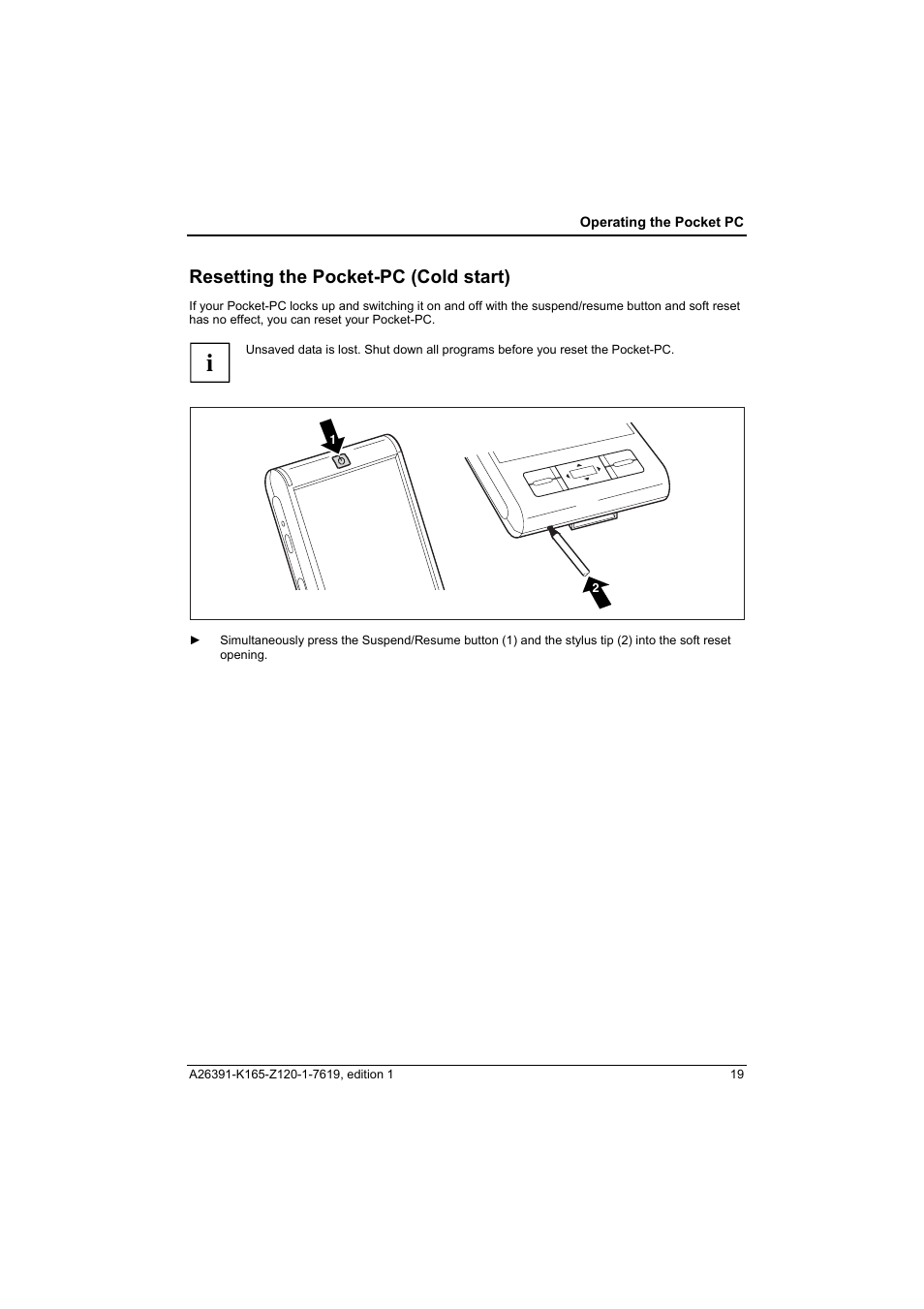 Resetting the pocket-pc (cold start) | Fujitsu Siemens Computers LOOX N User Manual | Page 27 / 56