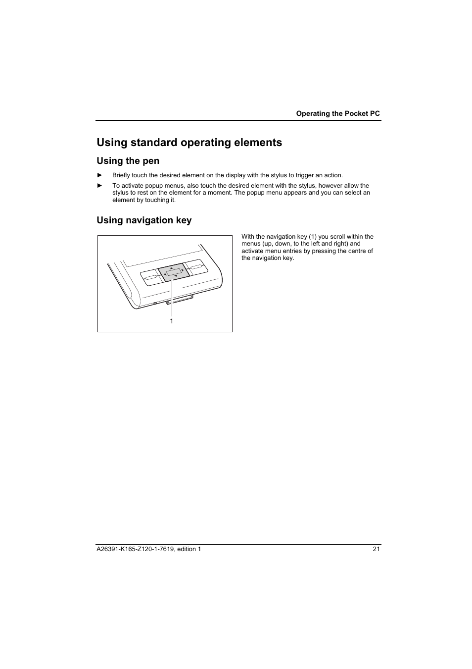 Using standard operating elements, Using the pen, Using navigation key | Fujitsu Siemens Computers LOOX N User Manual | Page 29 / 56