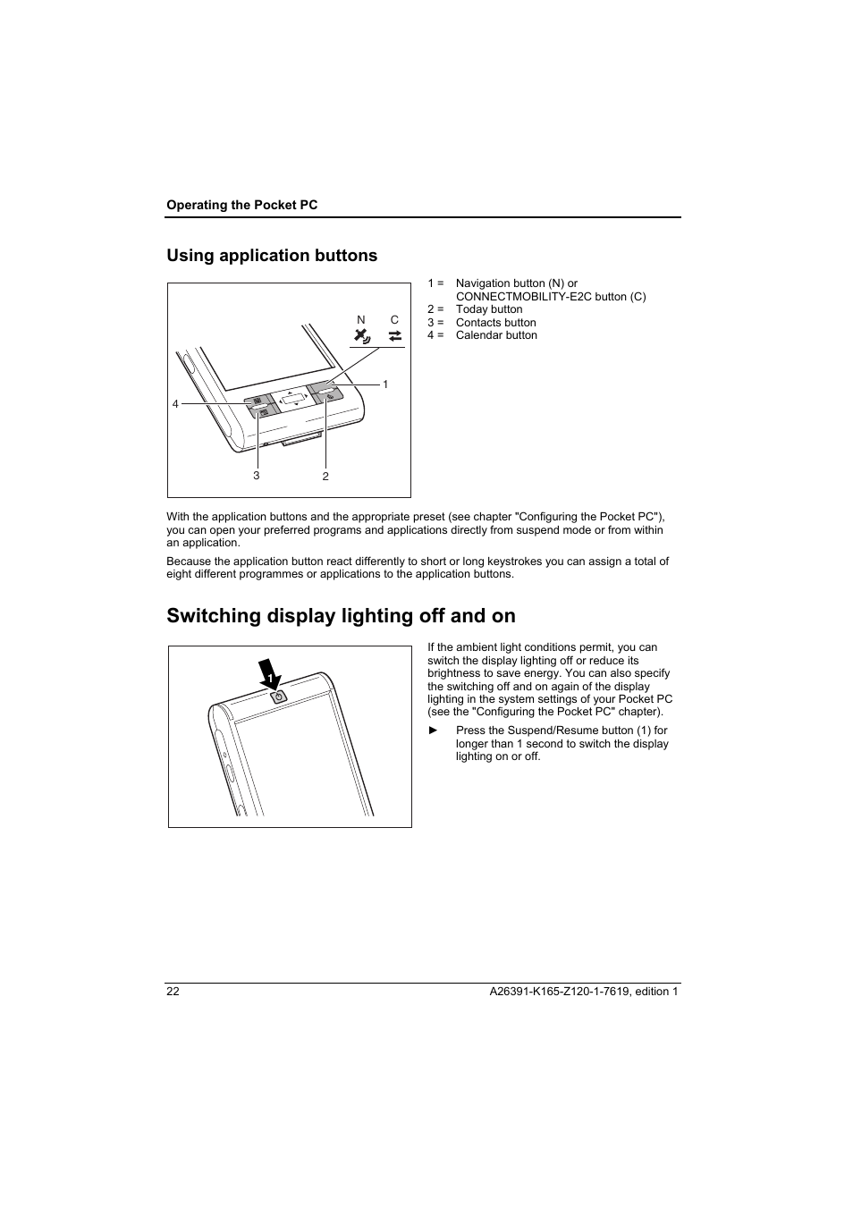 Using application buttons, Switching display lighting off and on | Fujitsu Siemens Computers LOOX N User Manual | Page 30 / 56
