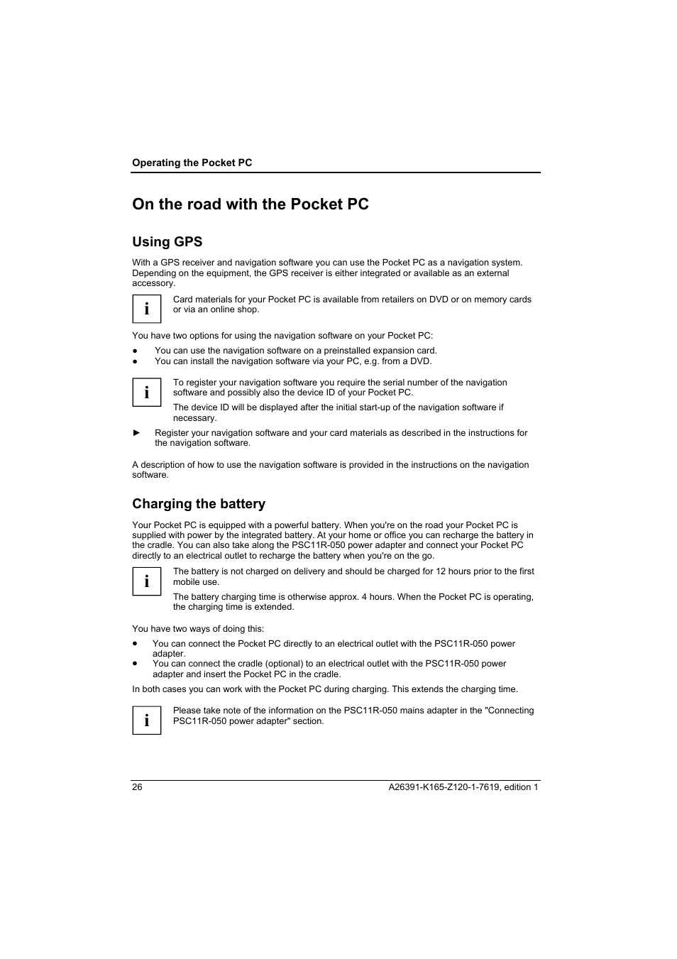 On the road with the pocket pc, Using gps, Charging the battery | Fujitsu Siemens Computers LOOX N User Manual | Page 34 / 56