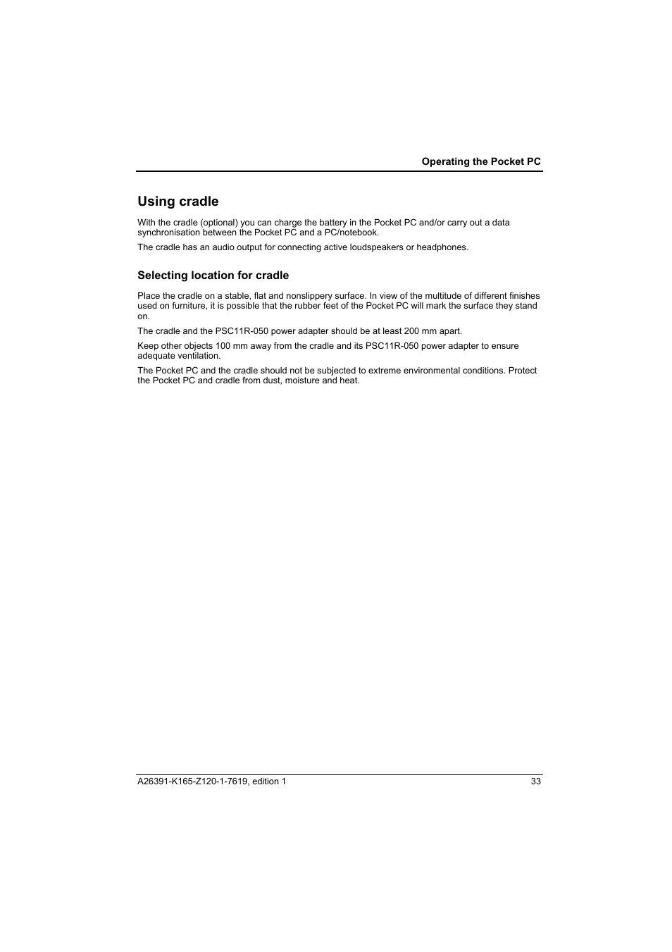 Using cradle, Selecting location for cradle | Fujitsu Siemens Computers LOOX N User Manual | Page 41 / 56