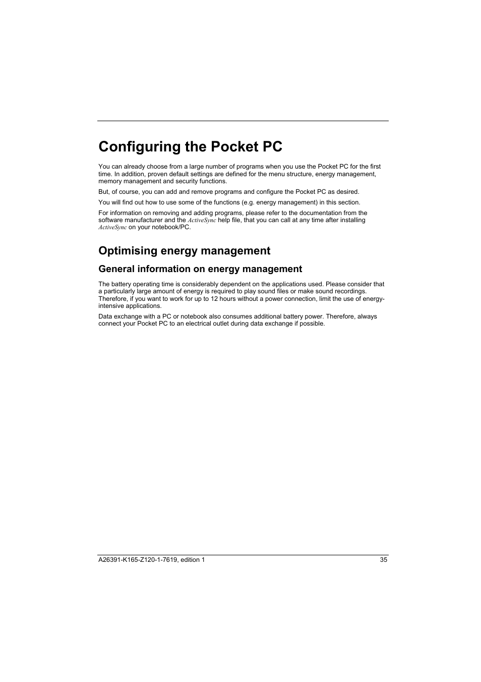 Configuring the pocket pc, Optimising energy management, General information on energy management | Fujitsu Siemens Computers LOOX N User Manual | Page 43 / 56