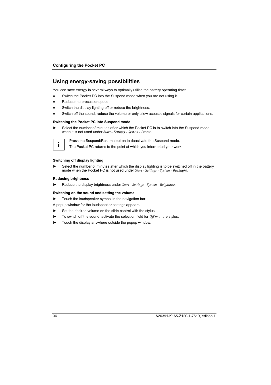 Using energy-saving possibilities, Switching the pocket pc into suspend mode, Switching off display lighting | Reducing brightness, Switching on the sound and setting the volume | Fujitsu Siemens Computers LOOX N User Manual | Page 44 / 56