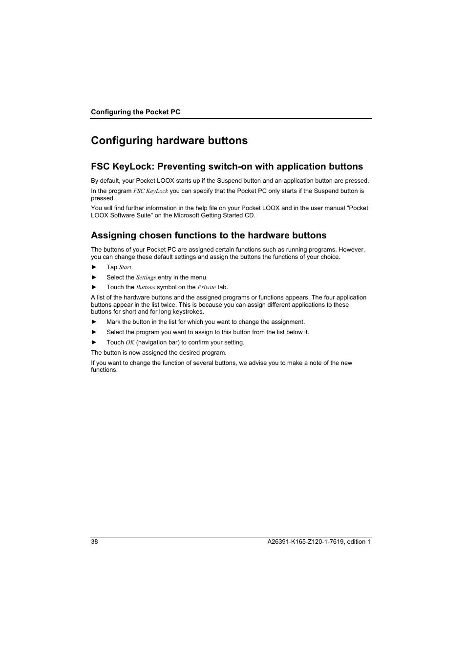 Configuring hardware buttons, Assigning chosen functions to the hardware buttons | Fujitsu Siemens Computers LOOX N User Manual | Page 46 / 56