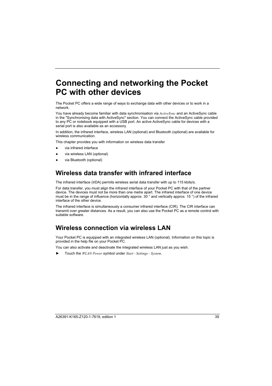 Wireless data transfer with infrared interface, Wireless connection via wireless lan | Fujitsu Siemens Computers LOOX N User Manual | Page 47 / 56