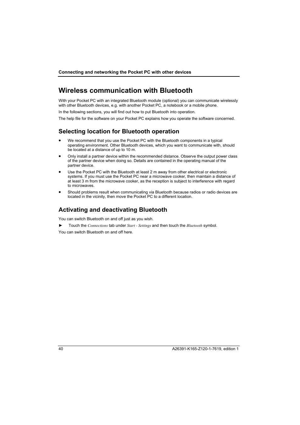 Wireless communication with bluetooth, Selecting location for bluetooth operation, Activating and deactivating bluetooth | Fujitsu Siemens Computers LOOX N User Manual | Page 48 / 56