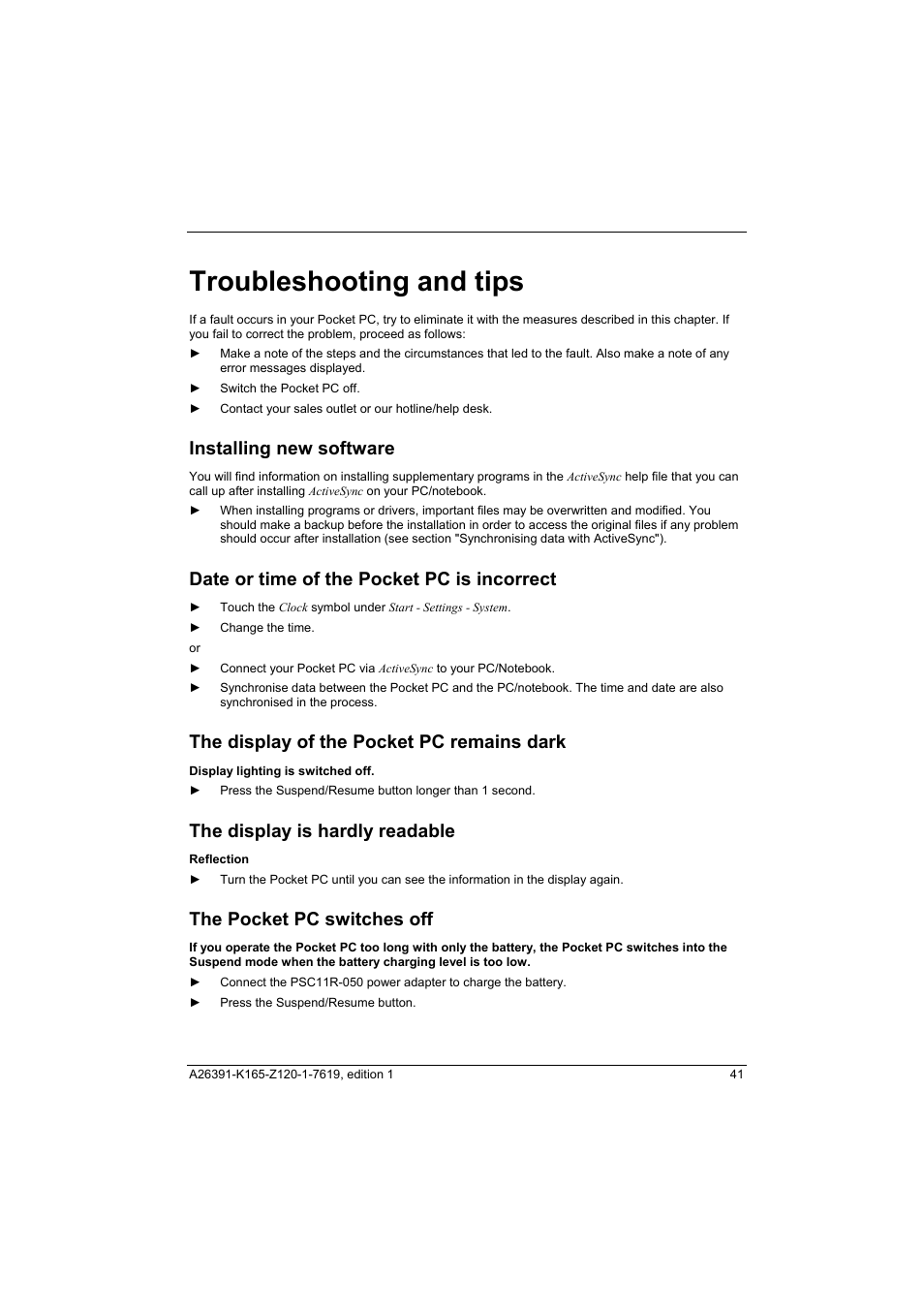 Troubleshooting and tips, Installing new software, Date or time of the pocket pc is incorrect | The display of the pocket pc remains dark, Display lighting is switched off, The display is hardly readable, Reflection, The pocket pc switches off | Fujitsu Siemens Computers LOOX N User Manual | Page 49 / 56