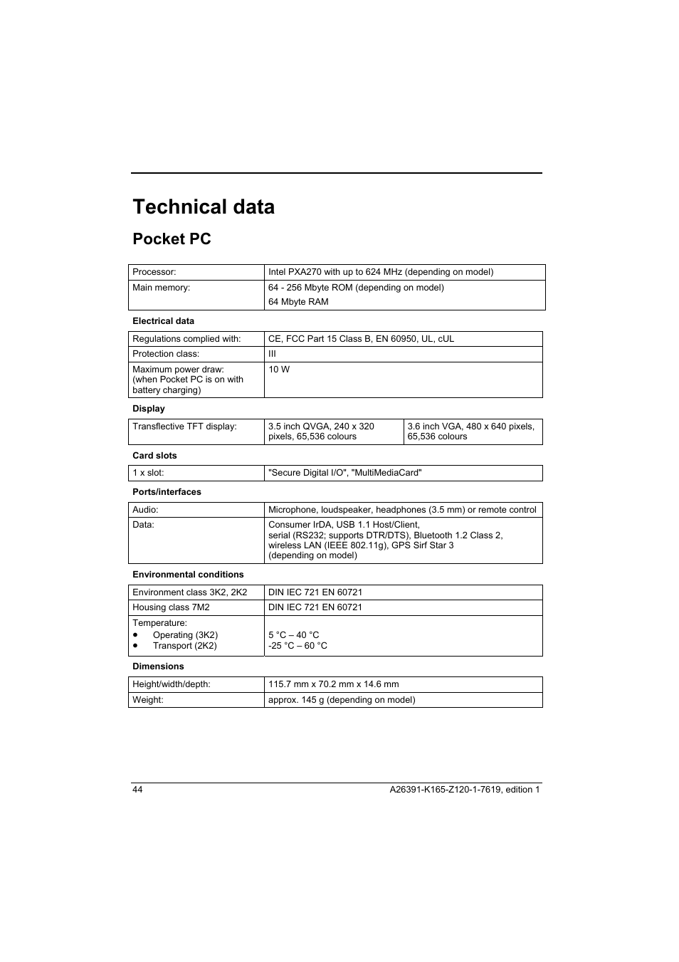 Technical data, Pocket pc, Electrical data | Display, Card slots, Ports/interfaces, Environmental conditions, Dimensions, Battery (li-ion) | Fujitsu Siemens Computers LOOX N User Manual | Page 52 / 56
