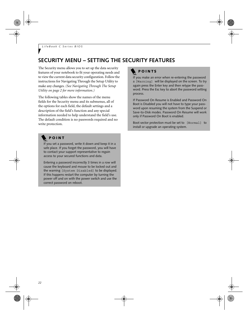 Security menu – setting the security features | Fujitsu Siemens Computers LifeBook C2110 User Manual | Page 22 / 31