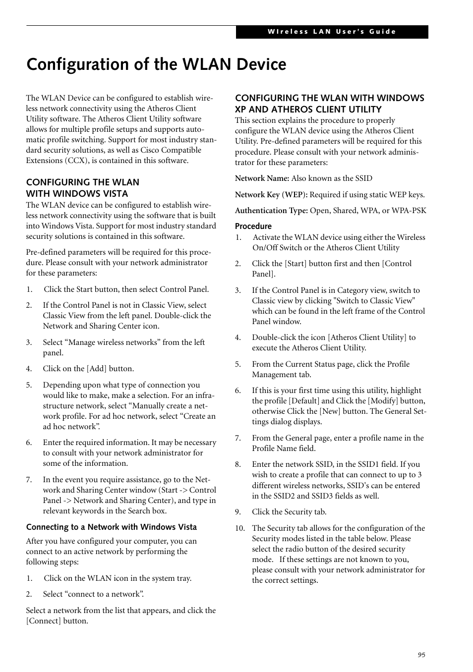Configuration of the wlan device, Configuring the wlan with windows vista | Fujitsu Siemens Computers LifeBook S2210 User Manual | Page 106 / 132