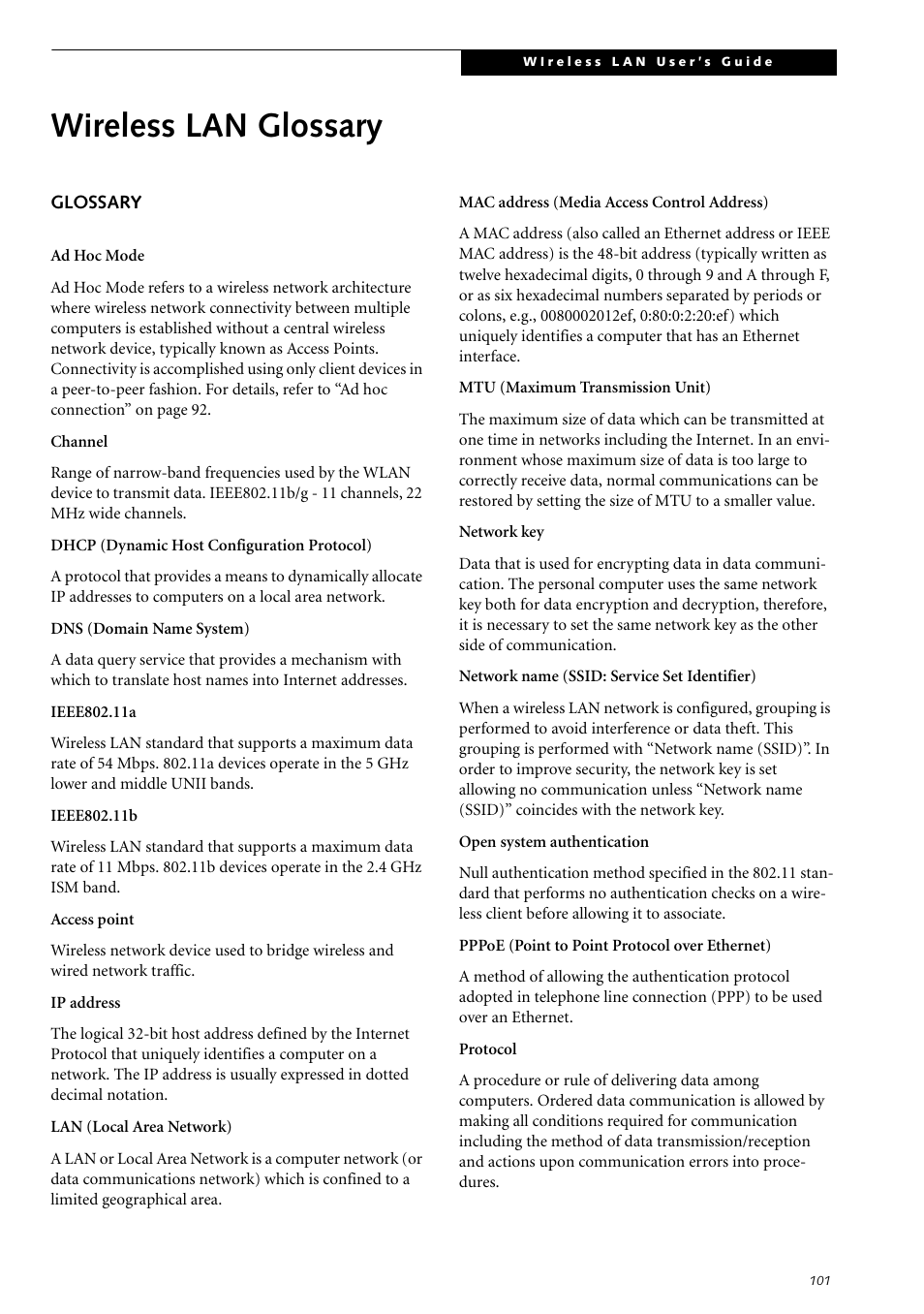 Wireless lan glossary, Glossary | Fujitsu Siemens Computers LifeBook S2210 User Manual | Page 112 / 132