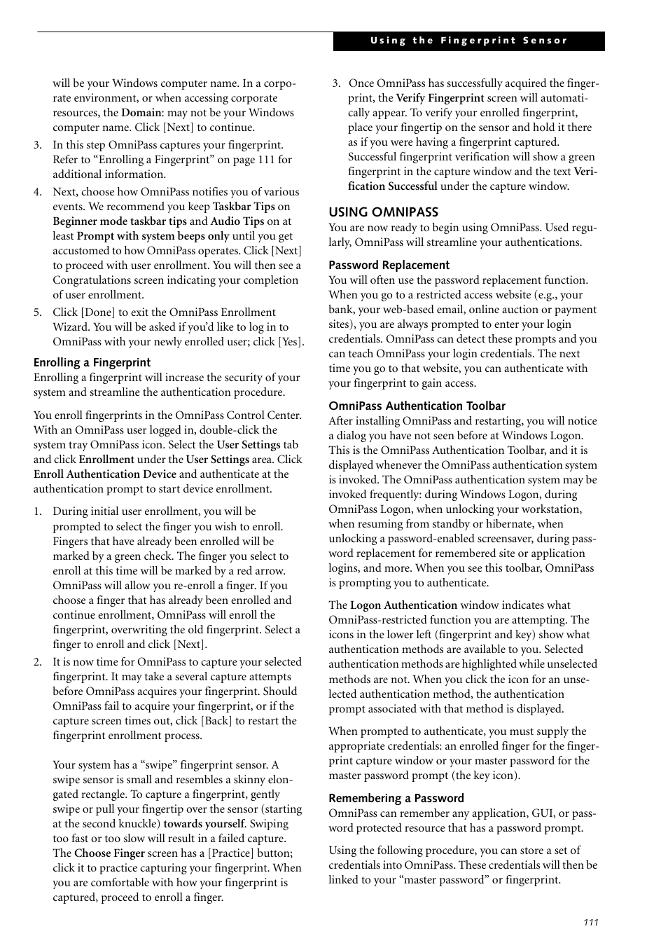 Using omnipass | Fujitsu Siemens Computers LifeBook S2210 User Manual | Page 122 / 132