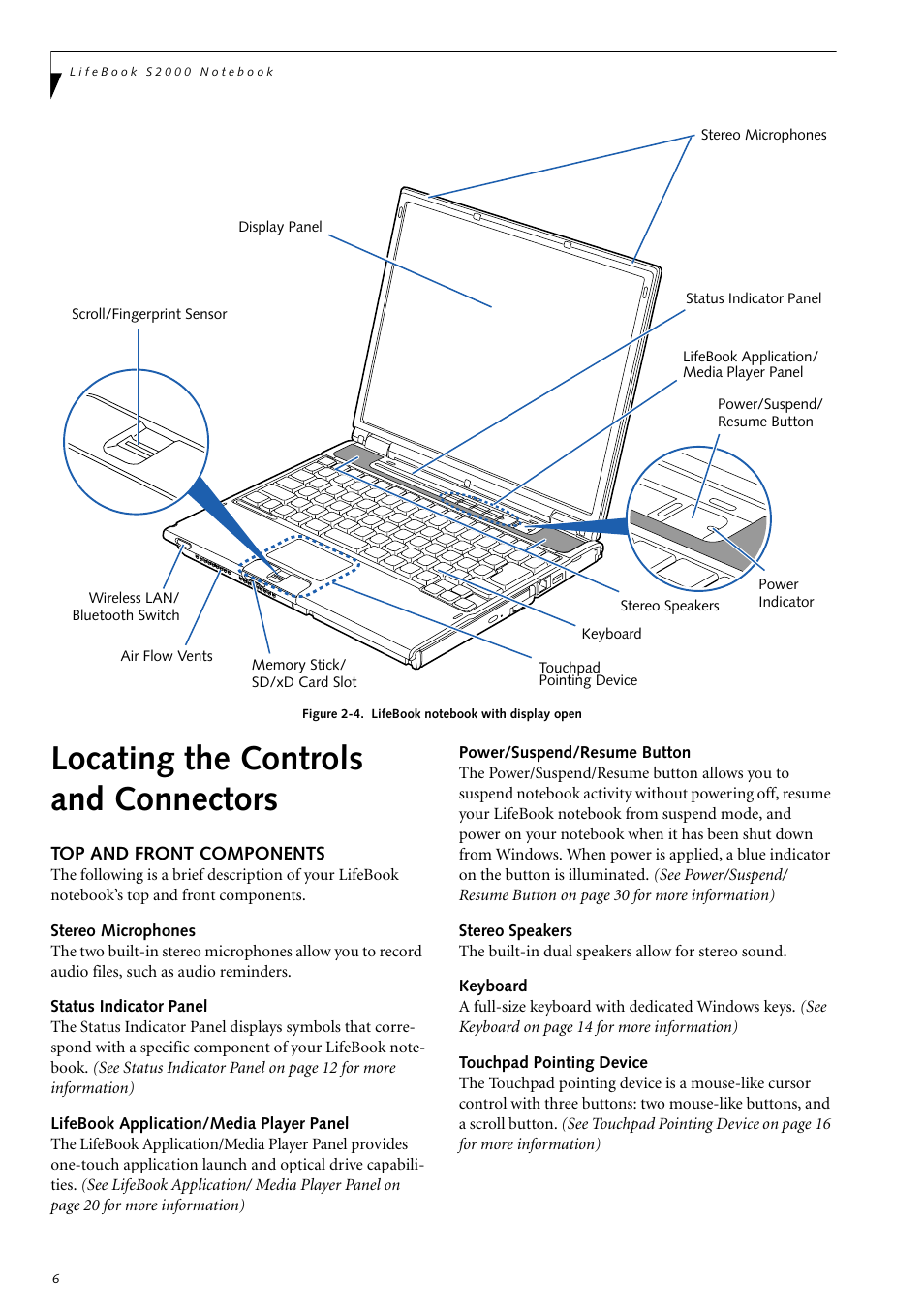 Locating the controls and connectors, Top and front components | Fujitsu Siemens Computers LifeBook S2210 User Manual | Page 17 / 132