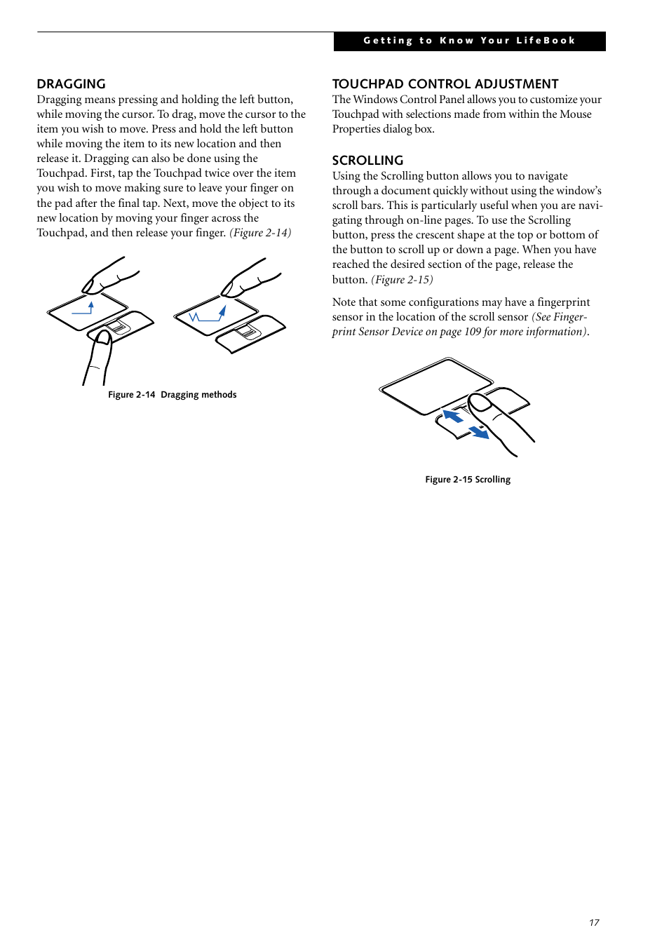 Dragging, Touchpad control adjustment, Scrolling | Dragging touchpad control adjustment scrolling | Fujitsu Siemens Computers LifeBook S2210 User Manual | Page 28 / 132