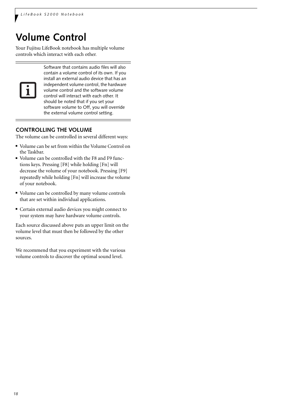 Volume control, Controlling the volume | Fujitsu Siemens Computers LifeBook S2210 User Manual | Page 29 / 132