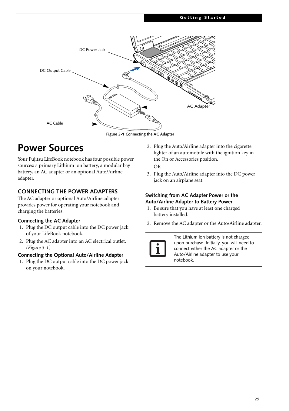 Power sources, Connecting the power adapters | Fujitsu Siemens Computers LifeBook S2210 User Manual | Page 36 / 132