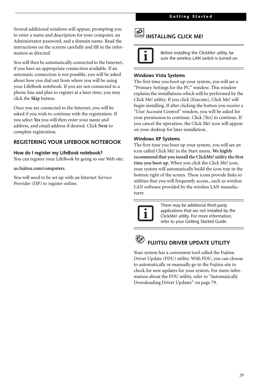 Registering your lifebook notebook, Installing click me | Fujitsu Siemens Computers LifeBook S2210 User Manual | Page 40 / 132