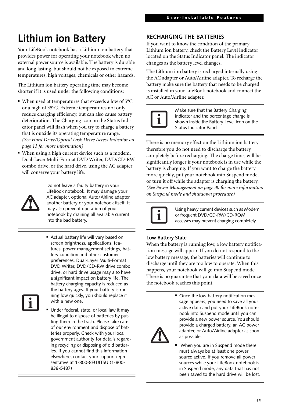Lithium ion battery, Recharging the batteries | Fujitsu Siemens Computers LifeBook S2210 User Manual | Page 46 / 132