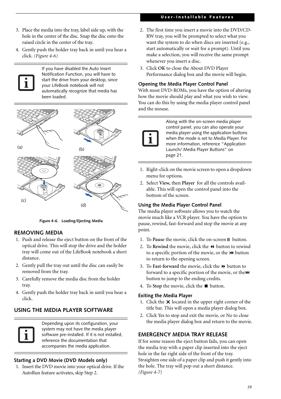 Removing media, Using the media player software, Emergency media tray release | Fujitsu Siemens Computers LifeBook S2210 User Manual | Page 50 / 132