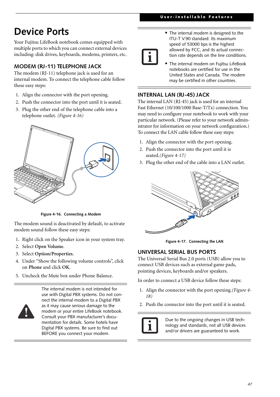 Device ports, Modem (rj-11) telephone jack, Internal lan (rj-45) jack | Universal serial bus ports | Fujitsu Siemens Computers LifeBook S2210 User Manual | Page 58 / 132
