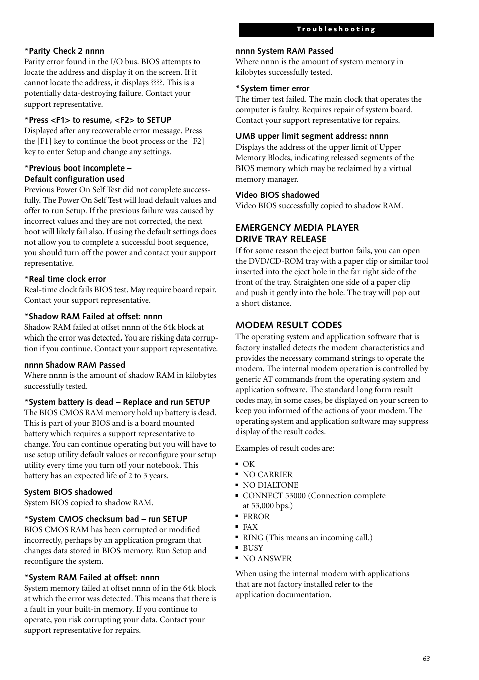 Emergency media player drive tray release, Modem result codes | Fujitsu Siemens Computers LifeBook S2210 User Manual | Page 74 / 132