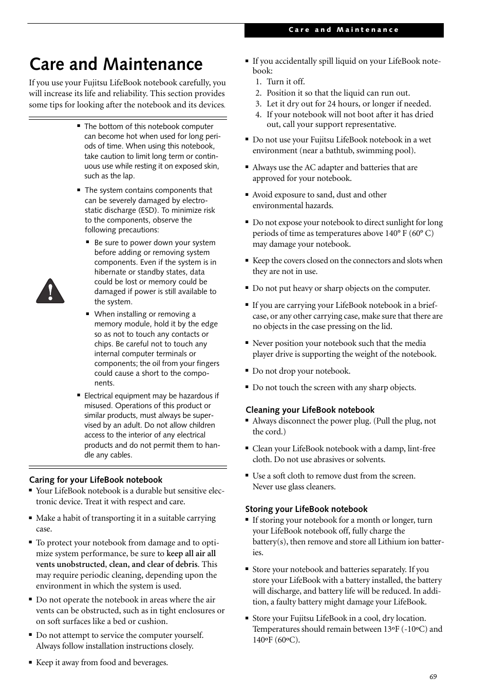Care and maintenance, Keep it away from food and beverages, Do not put heavy or sharp objects on the computer | Fujitsu Siemens Computers LifeBook S2210 User Manual | Page 80 / 132