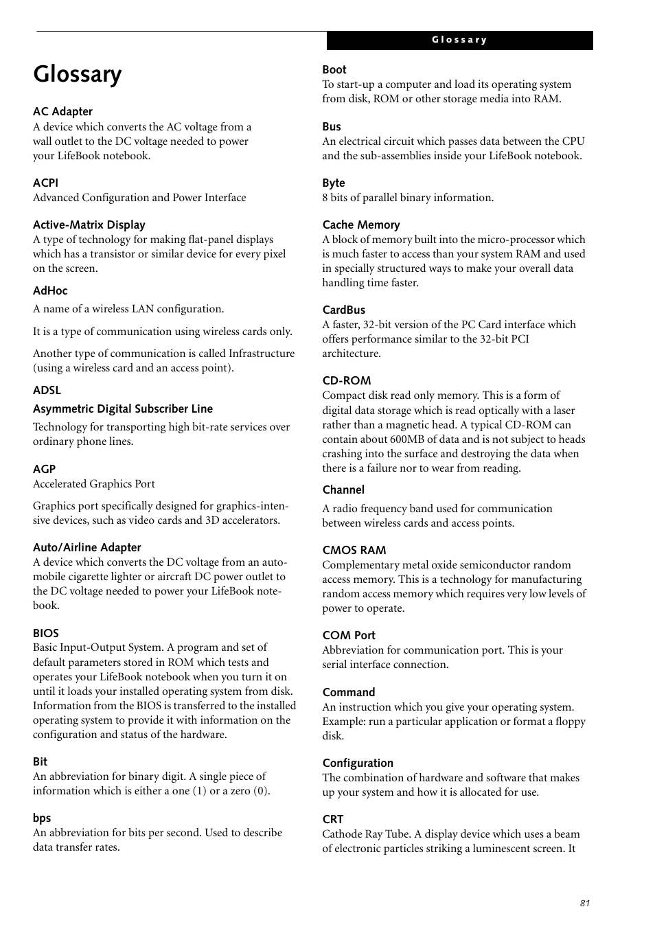 Glossary | Fujitsu Siemens Computers LifeBook S2210 User Manual | Page 92 / 132