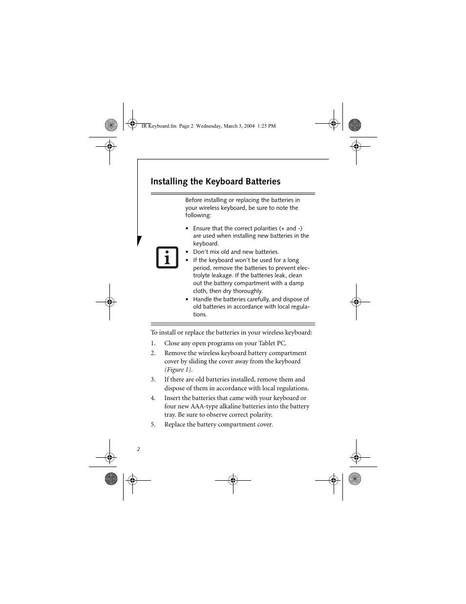 Installing the keyboard batteries | Fujitsu Siemens Computers FPCKB51A1P User Manual | Page 2 / 20