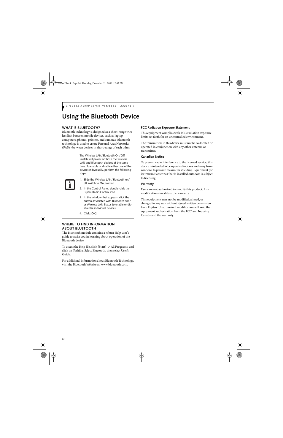 Using the bluetooth device | Fujitsu Siemens Computers LifeBook A6020 User Manual | Page 104 / 120