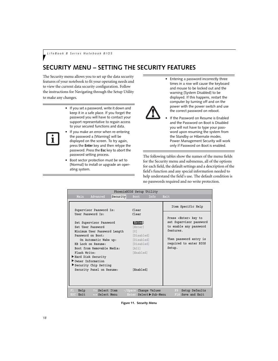 Setting the security features, Security menu – setting the security features | Fujitsu Siemens Computers LifeBook B6220 User Manual | Page 18 / 29