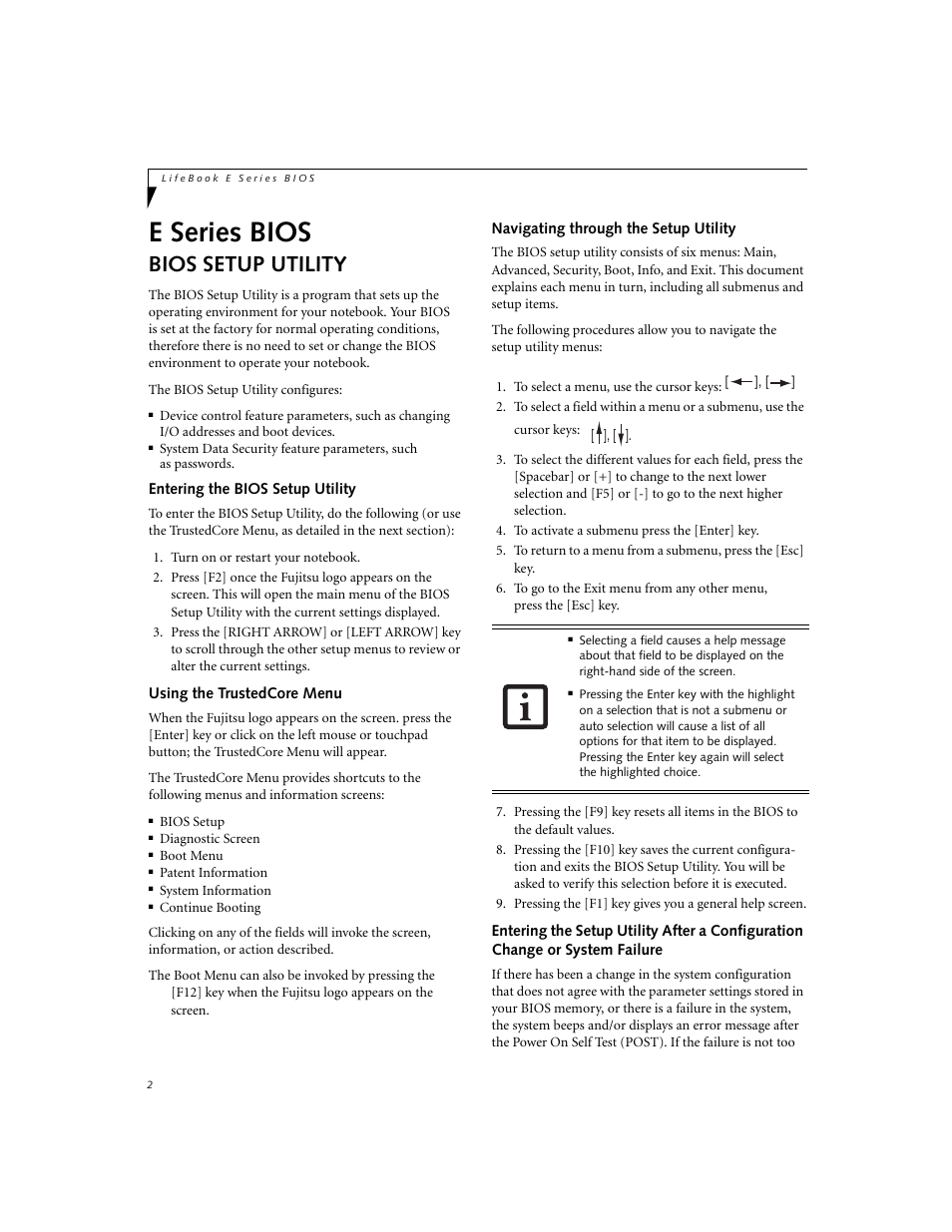 E series bios, Bios setup utility, Entering the bios setup utility | Using the trustedcore menu, Navigating through the setup utility | Fujitsu Siemens Computers LifeBook E Series E8110 User Manual | Page 2 / 29